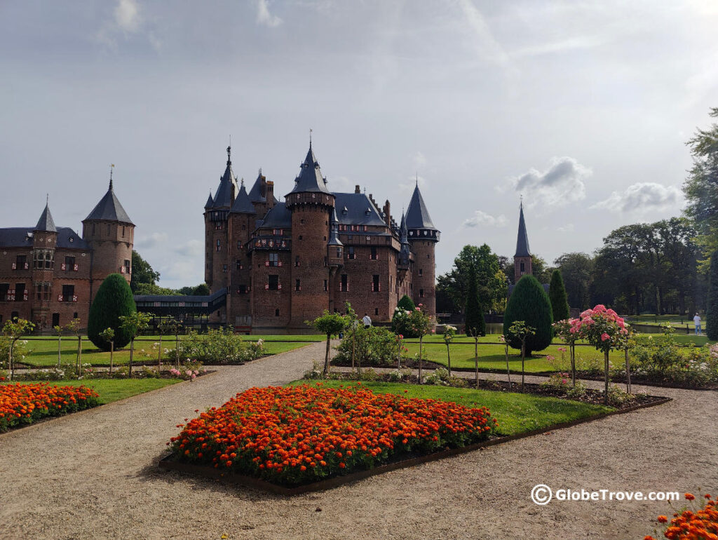 Castle de Haar with the flowering gardens in the foreground.