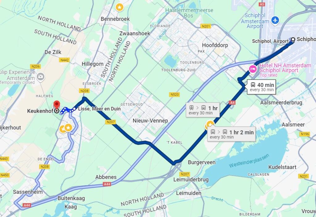 Map of how to get from Amsterdam to Keukenhof by bus after taking the train to Schiphol