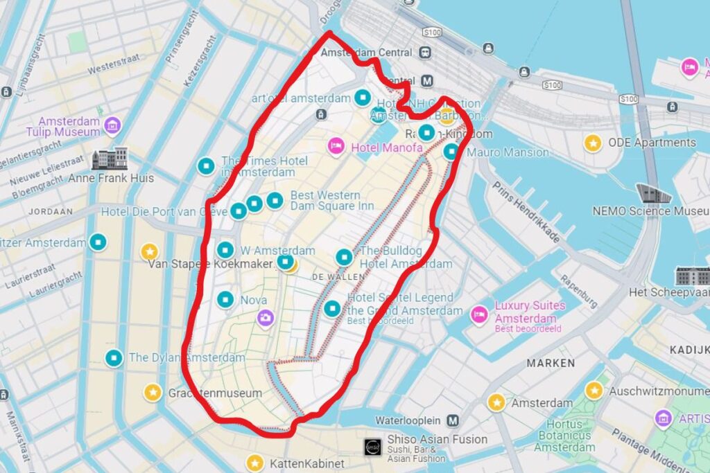 Map of De Wallen And Binnenstad which is one of the best locations to stay in Amsterdam for first time visitors.