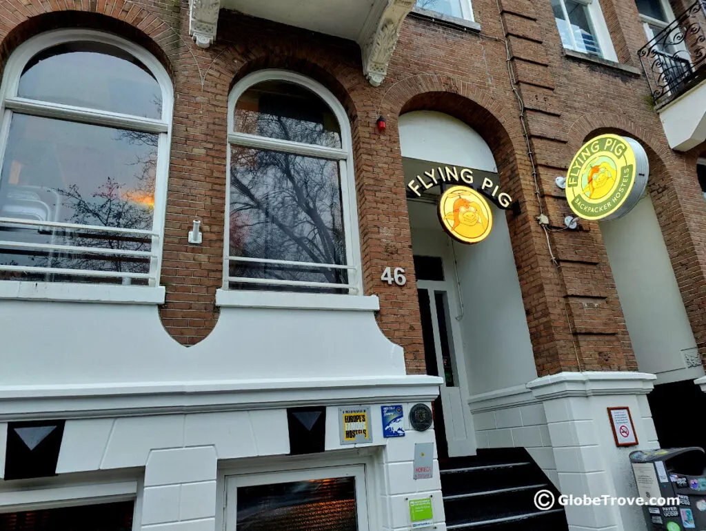 The outer façade of the Flying Pig hostel which is one of the famous budget places to stay in Amsterdam.