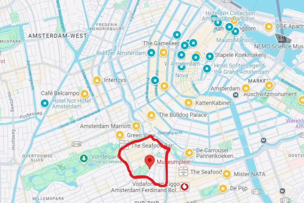 Map of Museumplein which is one of the great places to stay in Amsterdam if you want to visit lots of Museums