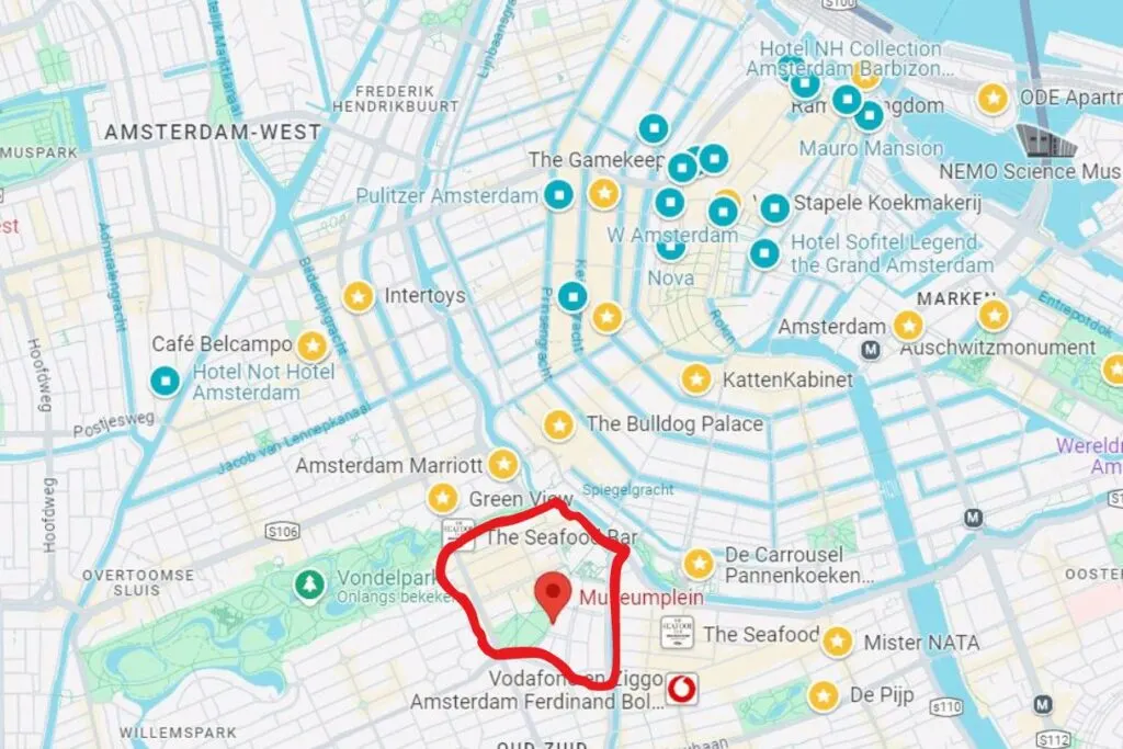 Map of Museumplein which is one of the great places to stay in Amsterdam if you want to visit lots of Museums