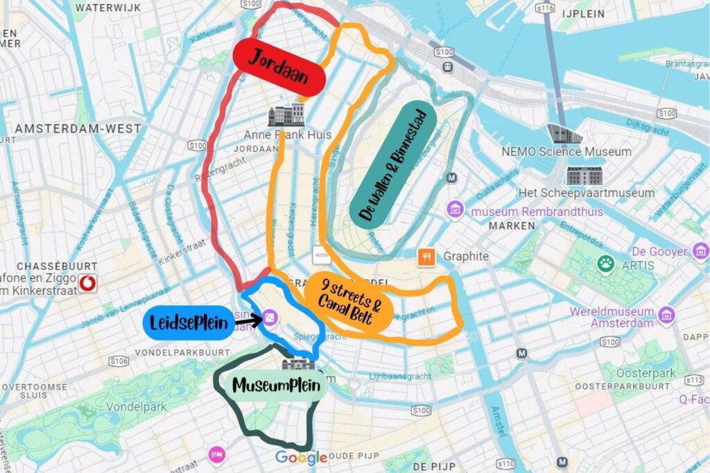 A map and overview of the different areas to stay in Amsterdam centrum. These are the best spots to explore the city and suit all kinds of budgets.